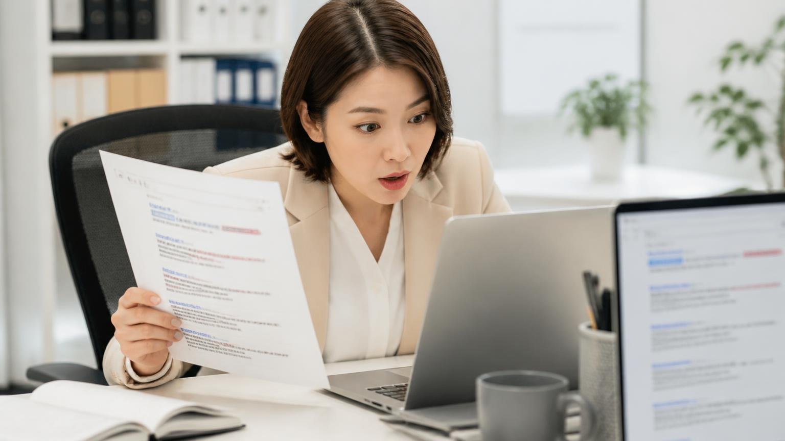 見つからなかった悪評も正直に書く。事務所でパソコンの検索結果を見比べる30代女性1人が、意外そうな顔をする