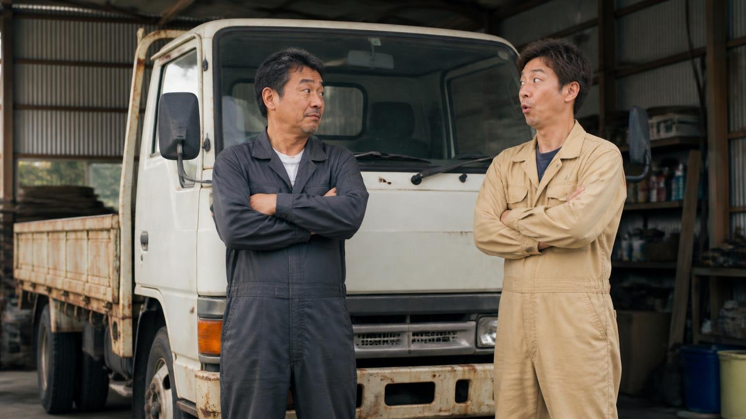 古いから値がつかないは思い込み。車庫の古い平ボディトラックの前で腕を組む男性2人