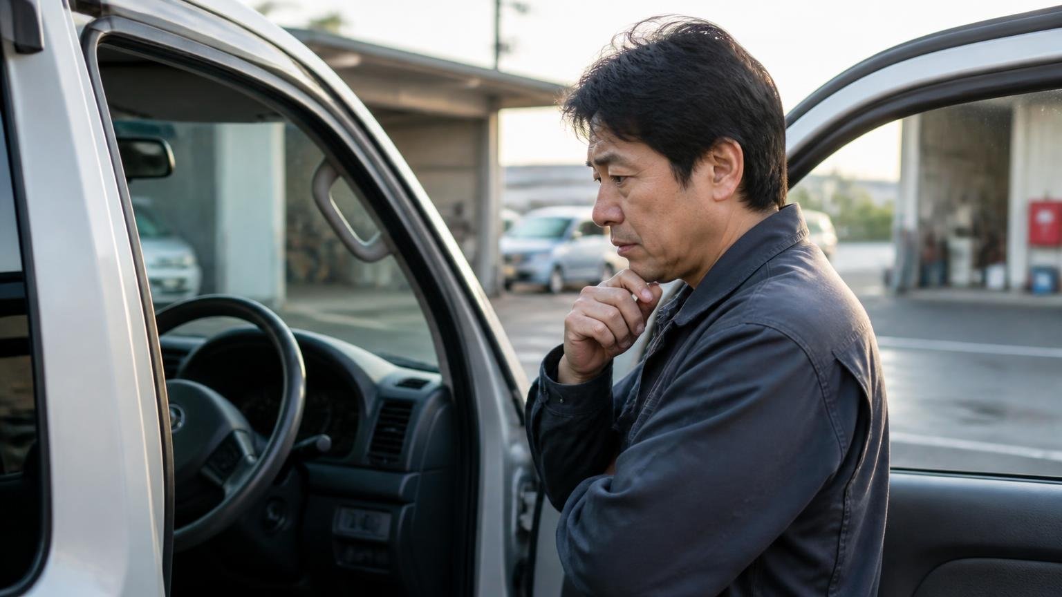 売った人の声が見当たらないという発見 早朝の車庫で運転席のドアを開ける男性1人が考え込む横顔