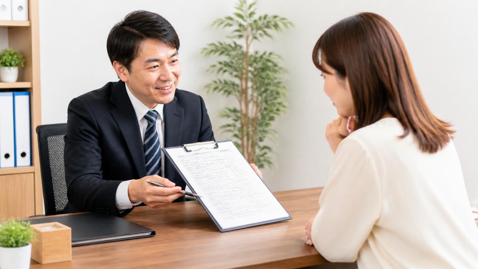 査定料と出張料が無料で名義変更まで対応。事務所で査定書を挟んで向き合い説明する男性1人と聞く女性1人