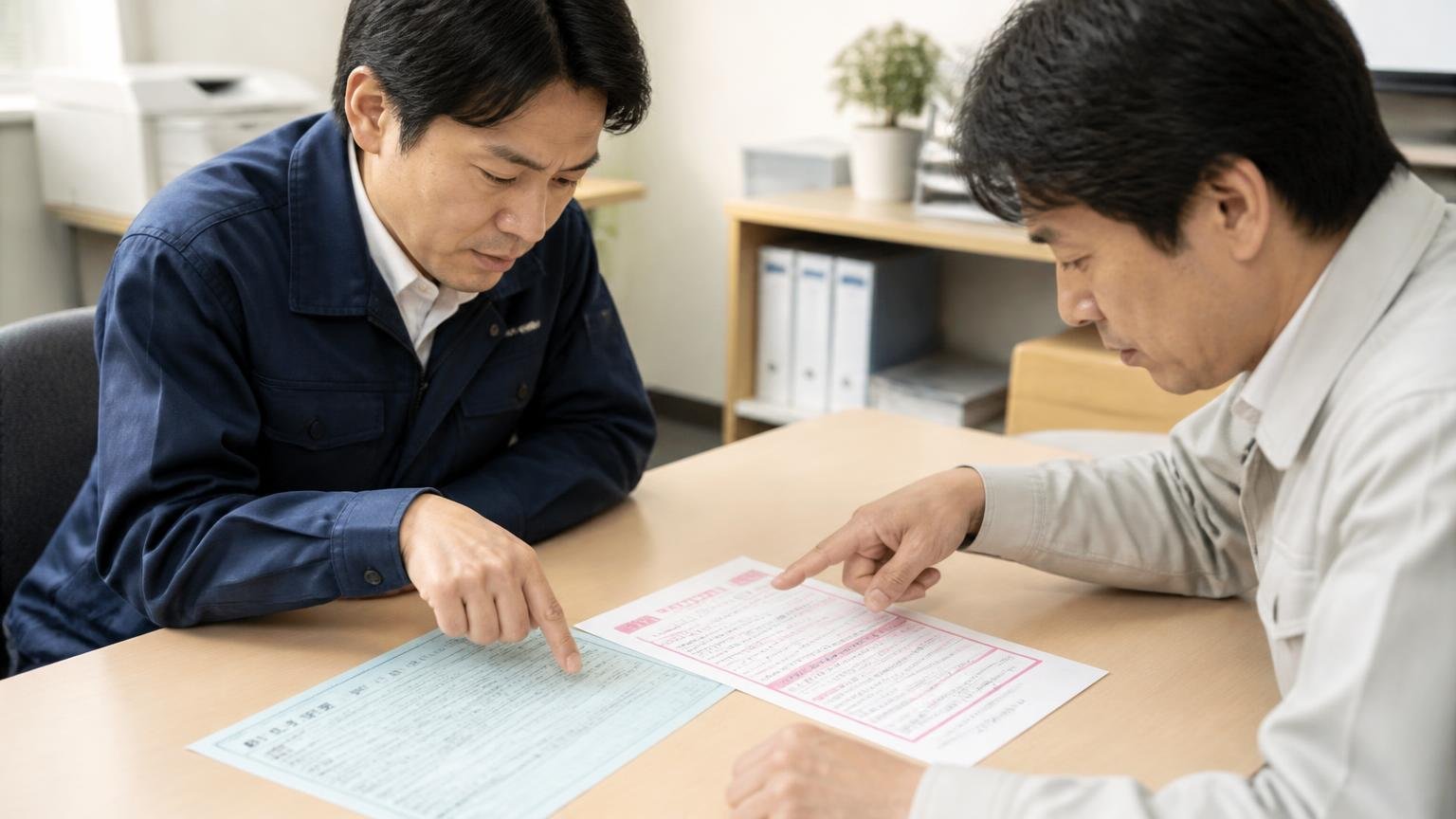 リコールの届出は「隠されていない」ことの証明でもある|事務所の机で車検証と通知書を並べる2人が真剣な表情で車台番号を指さす
