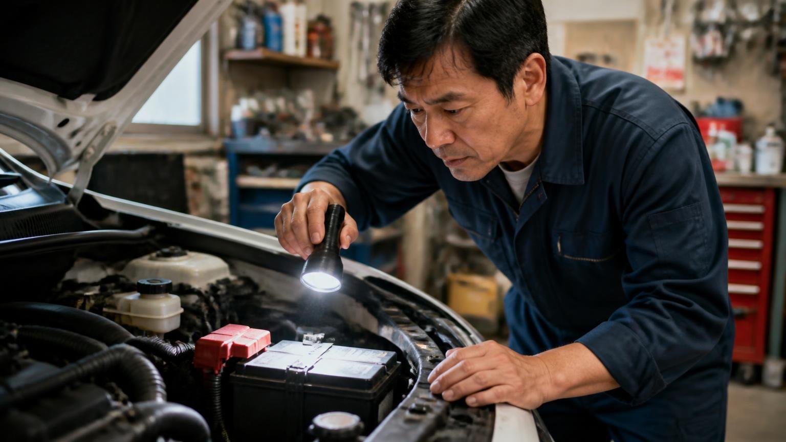 電装系は連鎖する。早朝の車庫でボンネットを開け、バッテリー周りを懐中電灯で照らして確認する男性
