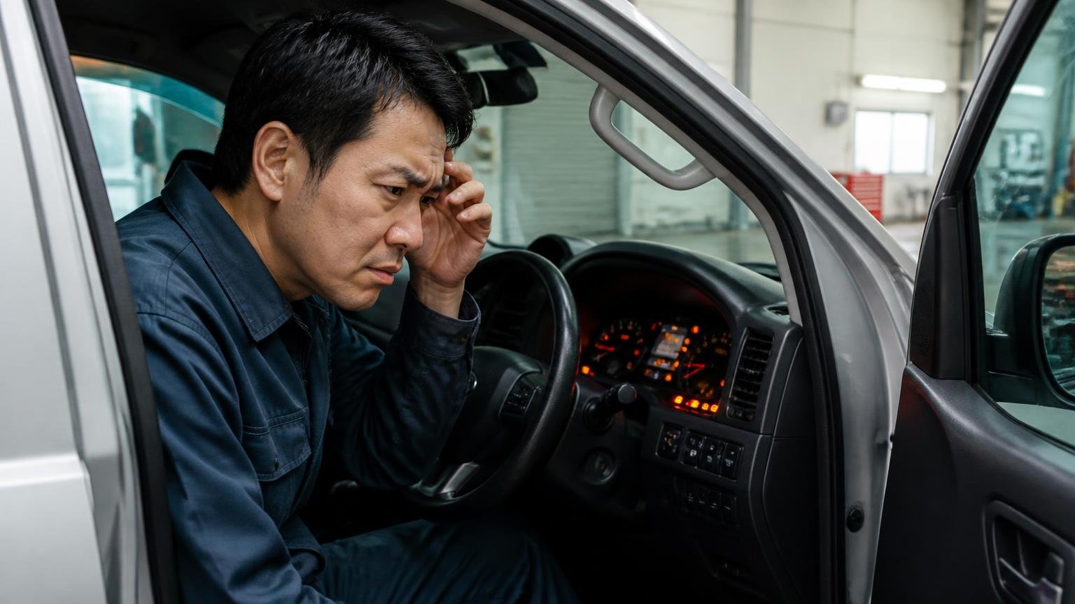 警告灯と制御の複雑さ 早朝の車庫で運転席のドアを開けメーターを見る場面 男性ドライバー1人 眉をひそめる