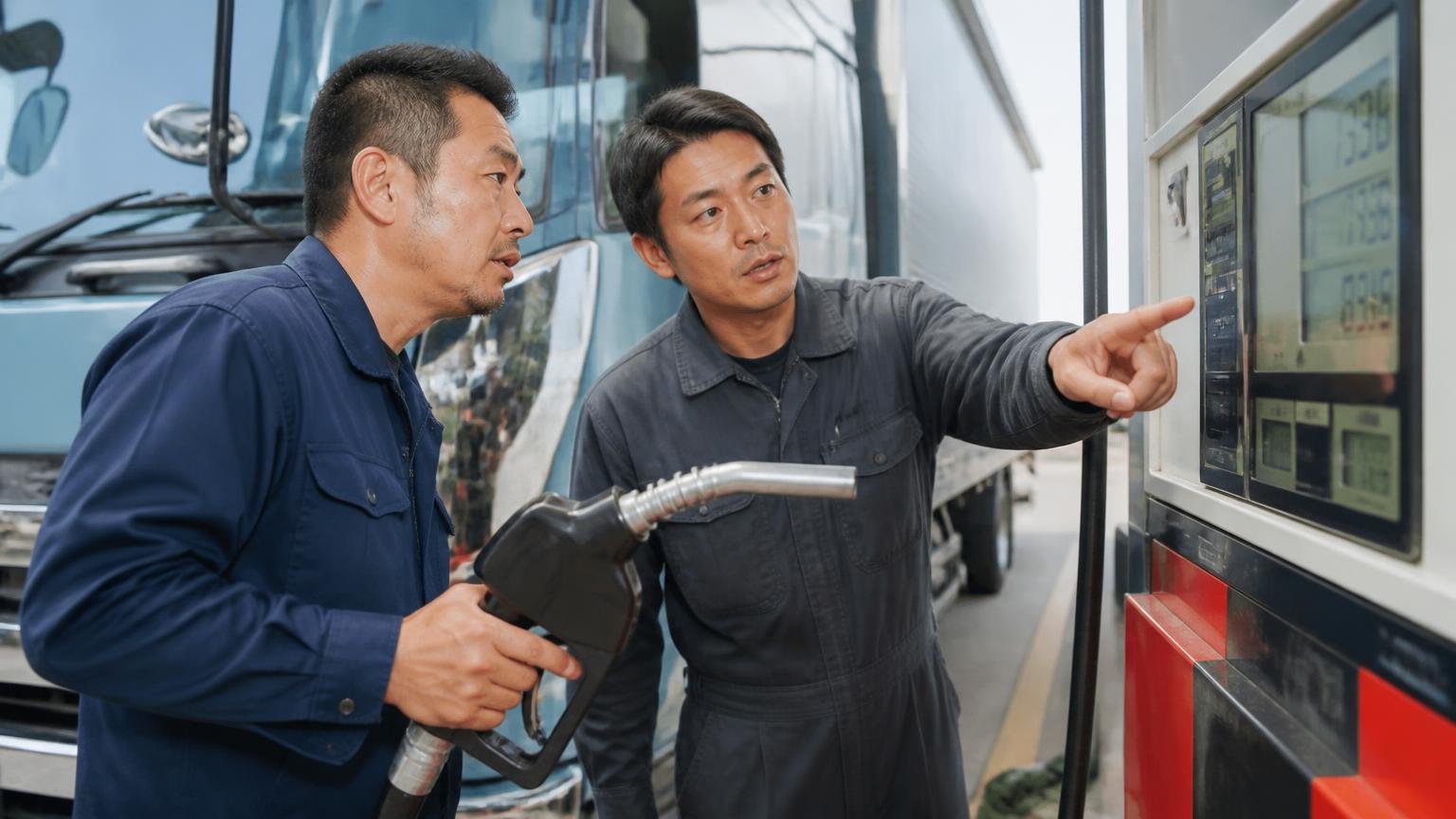 燃費は本当にいいのか　給油所で大型トラックに給油しながら計器を確認する男性2人　数字を指さす