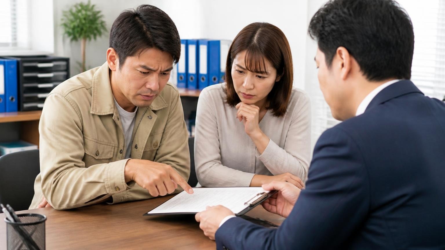 抹消・名義変更・ナンバー処理まで対応。ただし出張費の記載はない 事務所で見積書を指さして担当者に質問する男女2人 真剣な表情