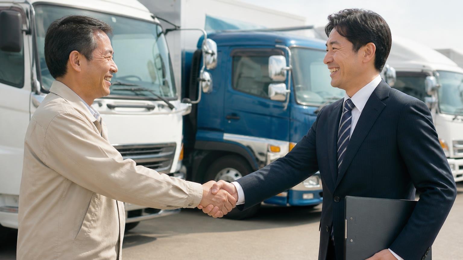 どちらとも言えないときの決め方。トラック販売店で試乗の相談をする2人が笑顔で握手
