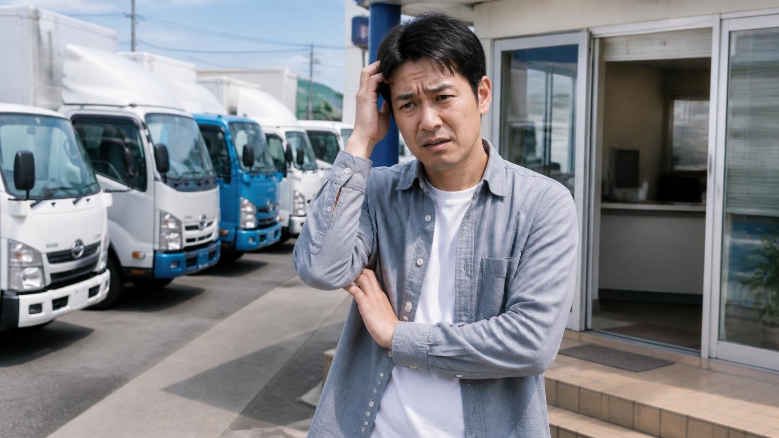 拠点や担当者による対応の差 中古トラックが並ぶ展示場の受付前で来店客の男性1人が困った表情で立つ