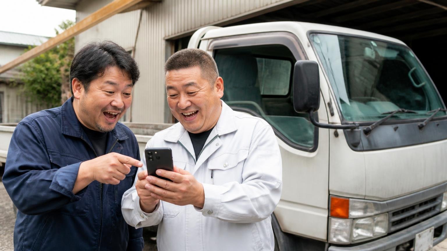 低年式・過走行の1台こそ、比較先に入れておきたいトラック買取業者3選 車庫の前でスマホから無料査定を申し込む 2人 前向きな表情で操作する