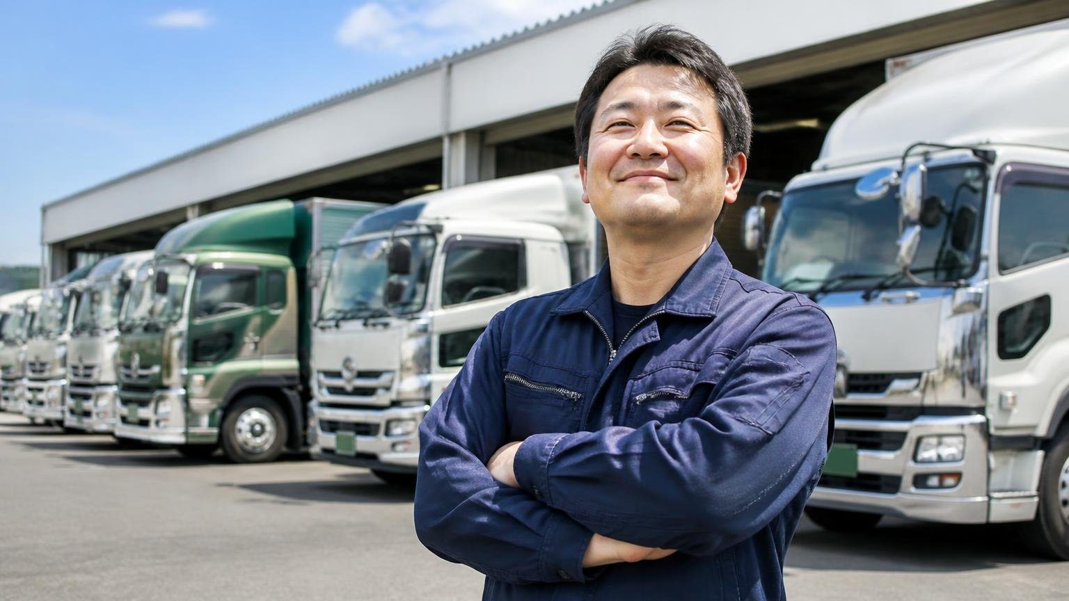 向いている人:時間をかけてでも高値を狙いたい人|営業所の車庫に並ぶ複数のトラックの前で腕を組み満足げに笑う男性1人