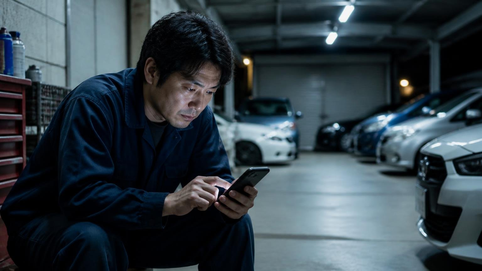 集めた口コミのうち金額に触れていたのは1件だけだった|深夜の車庫でスマホの口コミを延々とスクロールする男性1人