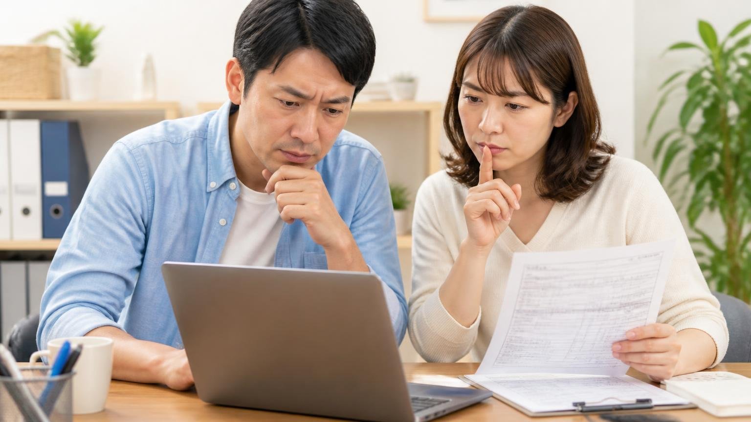 業者選びで誰でも使える3つの確認手順。事務所でパソコンと車検証を並べて業者情報を調べる男性1人と女性1人