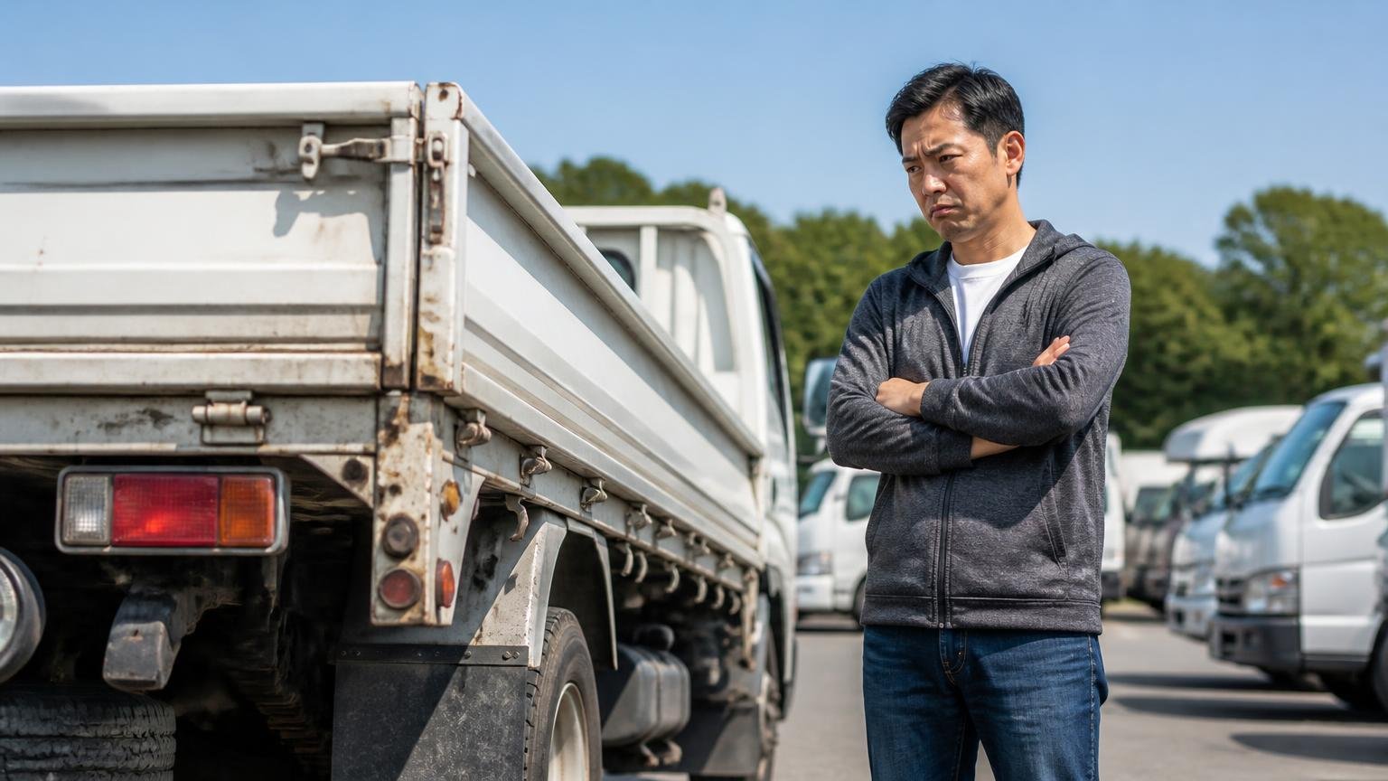 整備不良の車ばかりという声は買いに行った人の声。トラックの荷台まわりを確認する屋外で腕を組み渋い顔をする男性1人