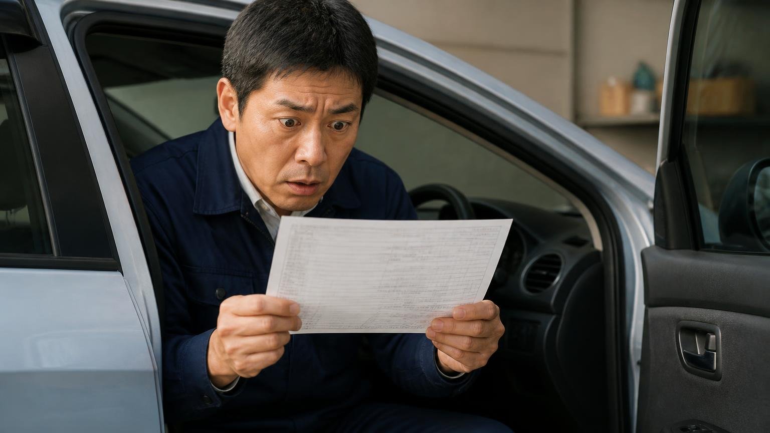 車検証の所有者欄を今すぐ見てほしい理由 早朝の車庫で運転席のドアを開け車検証を取り出す 1人 手を止めて表情がこわばる