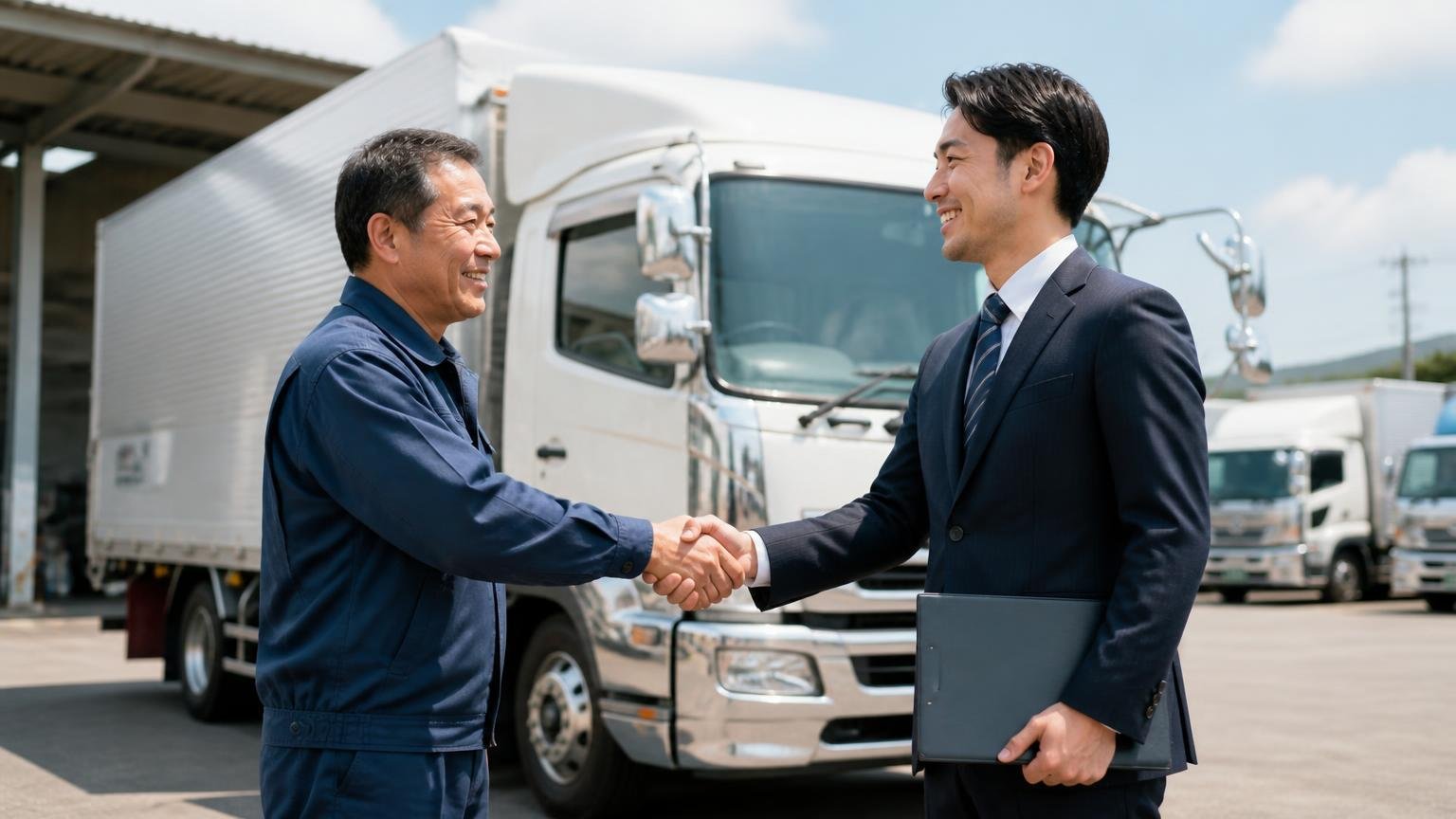 出張査定と査定料が無料で不成立でも請求なし。営業所の車庫でトラックの前に立つ2人が握手