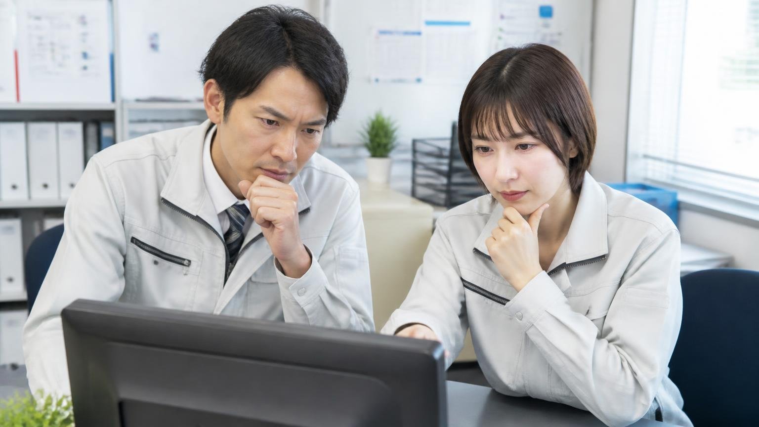 会社概要と古物商許可と加盟団体で確かめる、事務所のパソコンで会社情報を確認する運送業の男女2人