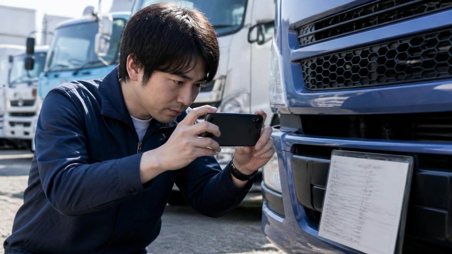 年式と型式と仕様で見る。中古トラック展示場で車検証の型式欄をスマホで撮影する1人