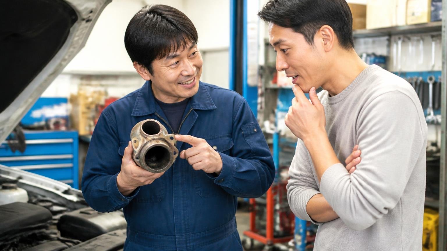 まずは点検・清掃で改善する可能性|整備工場でパイプの汚れを見せて説明する整備士と安心する男性