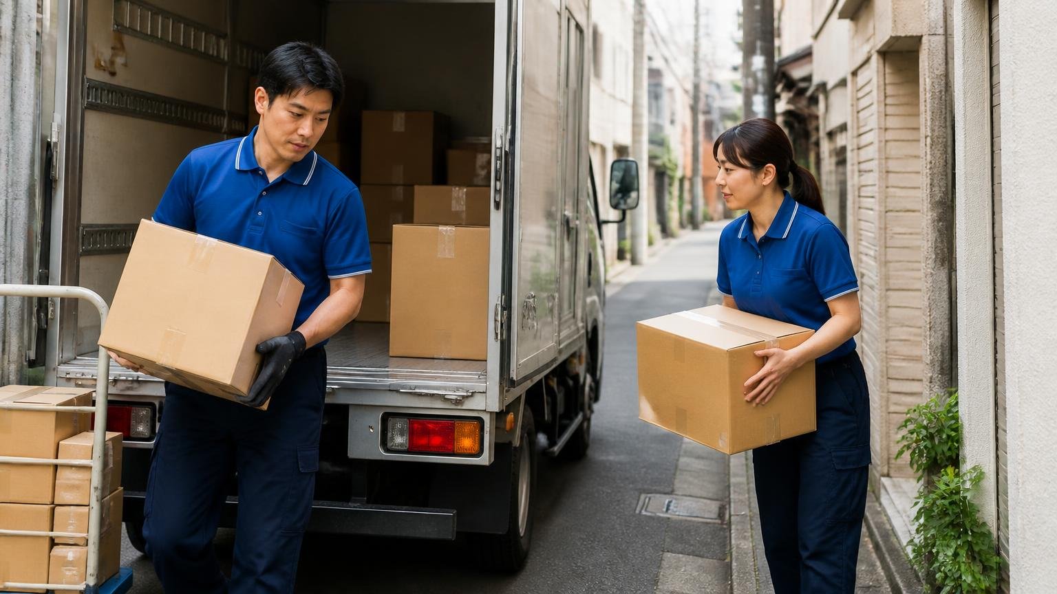 向いている人 街中の配送で狭い路地にキャンターを寄せて荷物を降ろす 男性1人と女性1人 荷台から段ボールを運ぶ