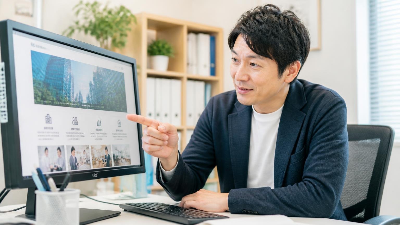 会社の基本情報は公式サイトで誰でも確認できる。事務所のパソコン前で男性1人が画面を指さし納得の表情