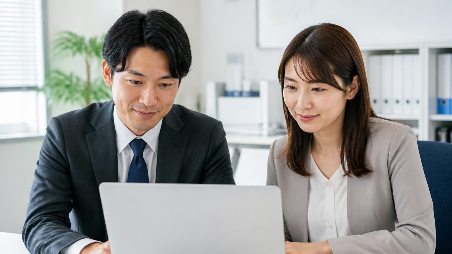 会社の公開情報を確認する 事務所のパソコンで会社概要のページを開いた男女2人がうなずく