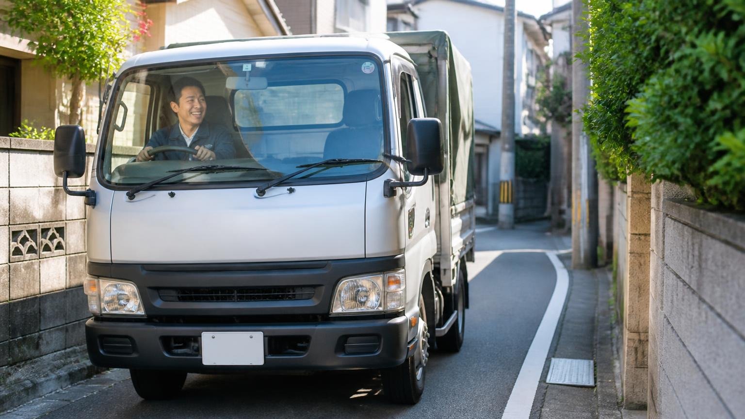 キャンターが力を発揮する使い方/狭い住宅街の道を走るキャンターの前/男性1人/狭い道をうまく抜けて笑顔