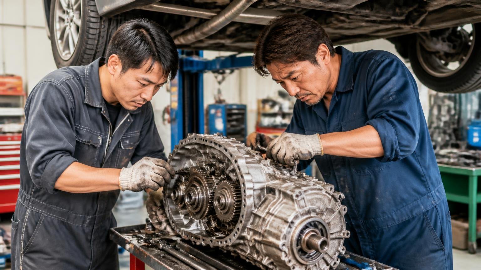 実際に公開されている3つの事例|整備工場のリフト上でミッションを分解する整備士2人が真剣