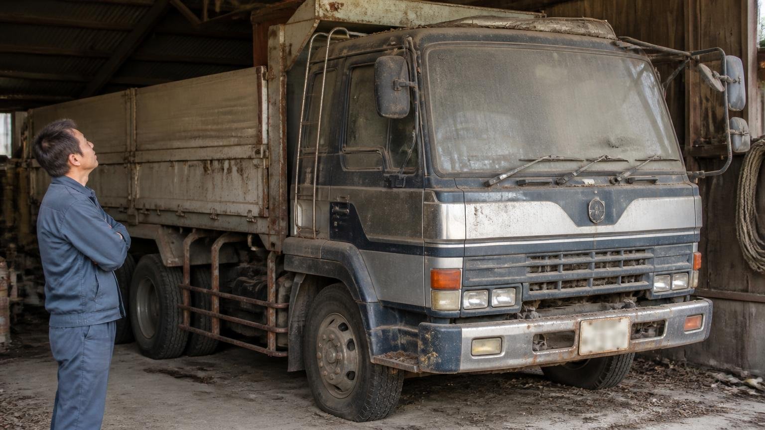 「もう古いから値段はつかない」は、事実と合っていない 車庫の隅で埃をかぶった古い大型トラックを前に、腕を組んで見上げる男性1人