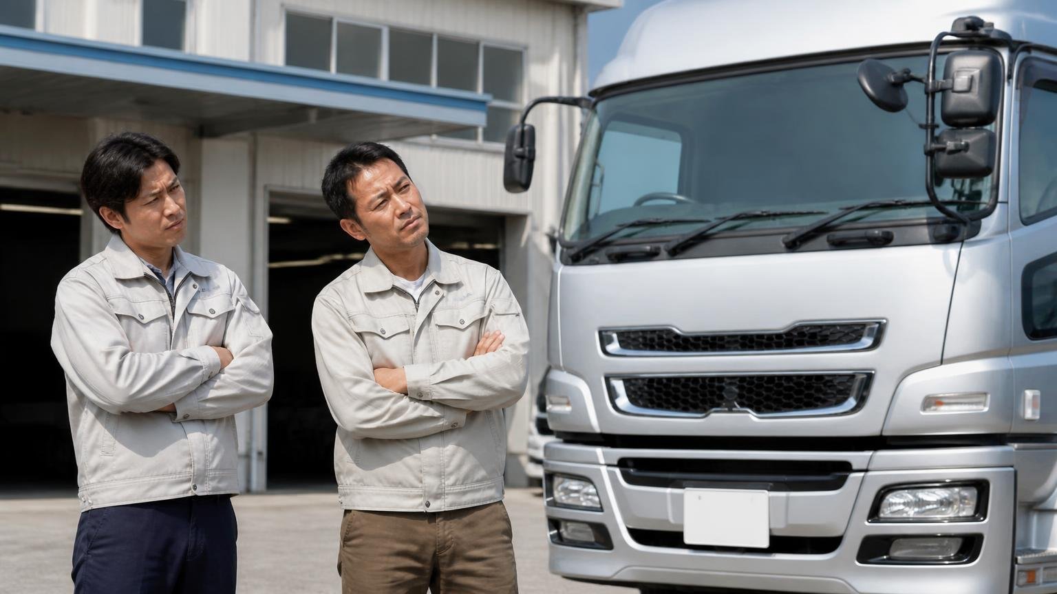 新しい人気車種は得意分野ではない。営業所前に停まる年式の新しいトラックを前に、腕を組んで首をかしげる男性2人