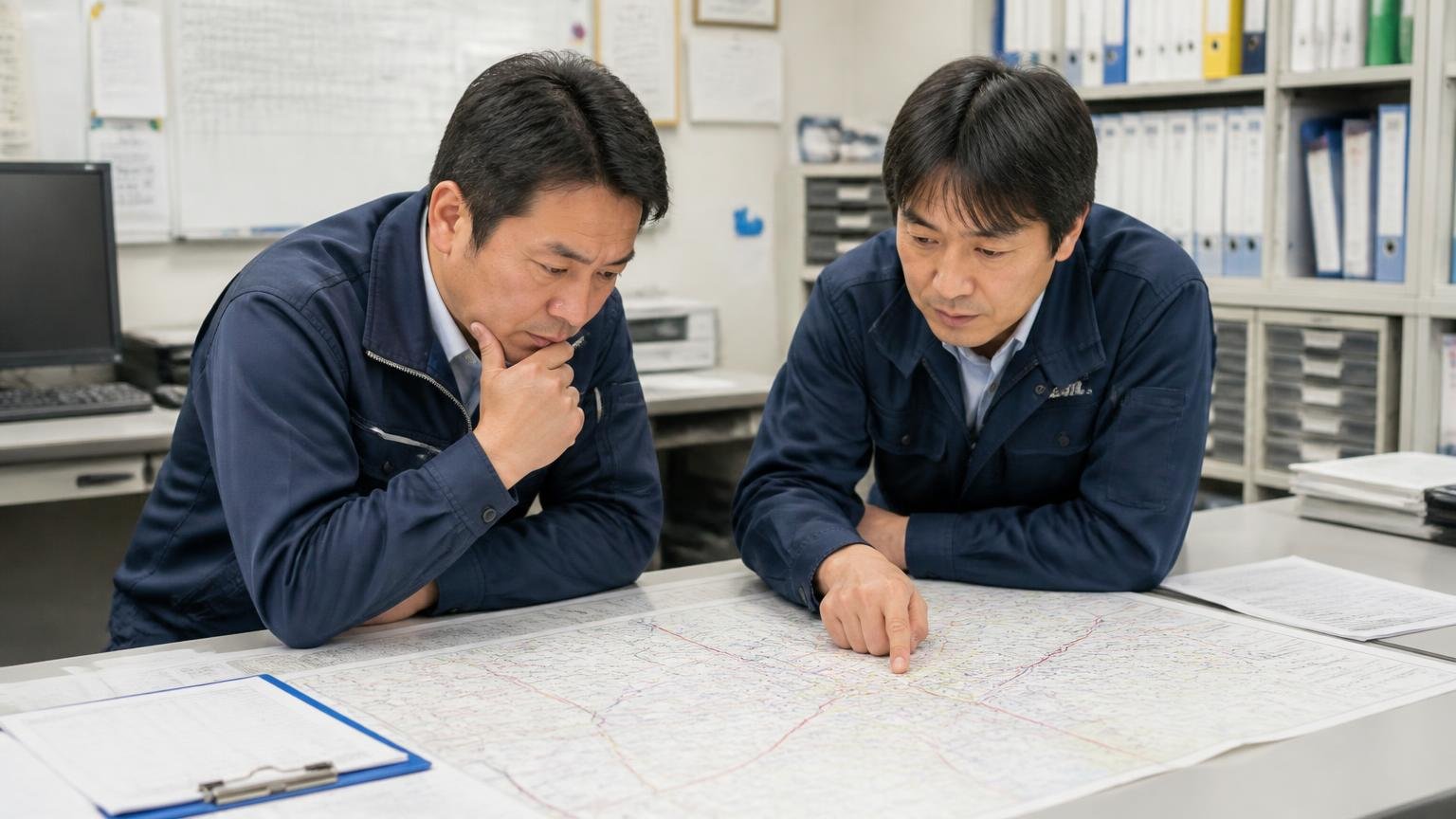 使い方との相性を判断する|事務所で運行表を広げて2人が走行ルートを確認しながら考え込む