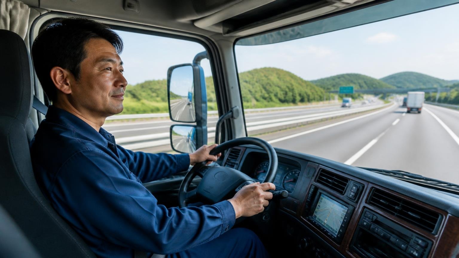 静粛性と直進安定性は数字でどう変わったか|高速道路を走る大型トラックの運転席で1人が肩の力を抜いて前方を見つめる