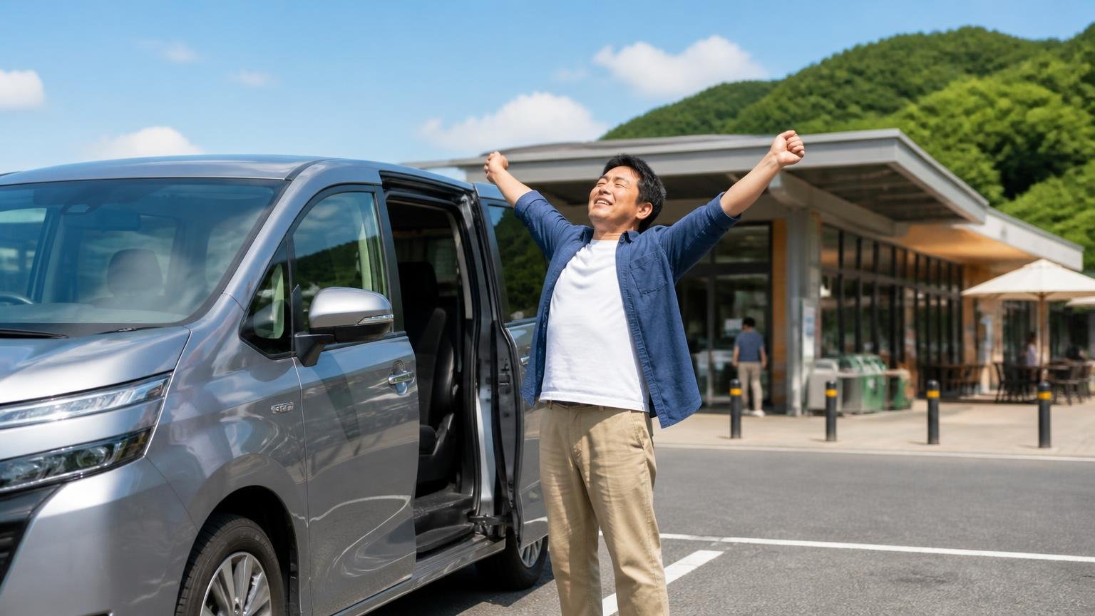 強みが活きる使い方。高速道路のサービスエリアに停まったエルフの前で、運転手が伸びをして笑顔を見せる
