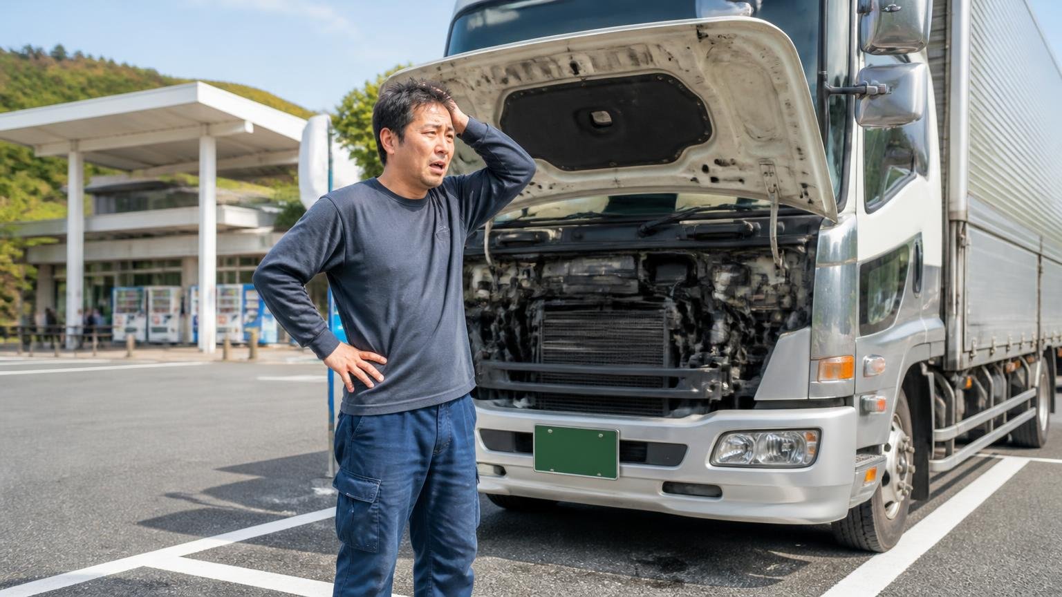 高速道路で止まった1台。高速のパーキングエリアで動かないトラックの脇に立つ男性1人が呆然とした表情