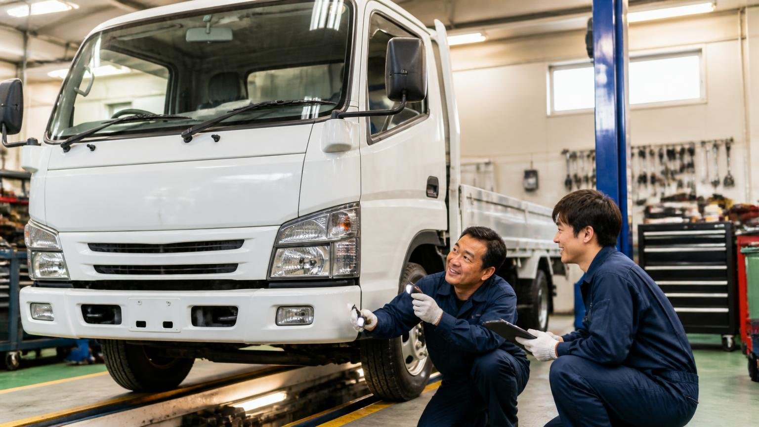 デュトロが向いている人は整備を積み重ねられる 整備工場のピットで点検を受けるトラック 整備士2人 笑顔で確認