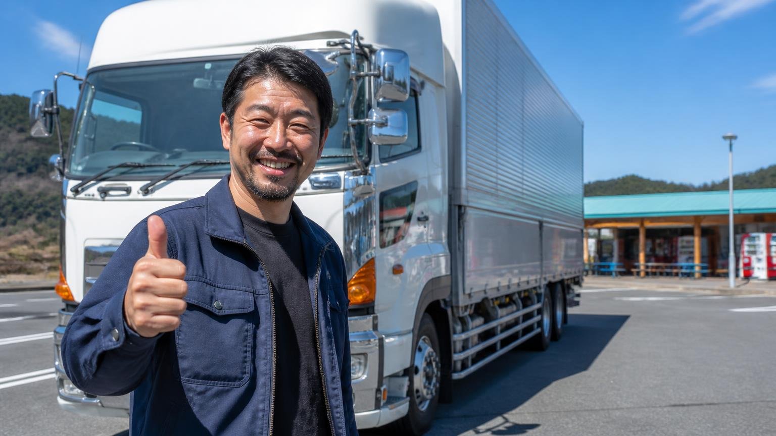 N04Cが向いている人｜高速道路の休憩所に停めたトラックの前で親指を立てる男性1人
