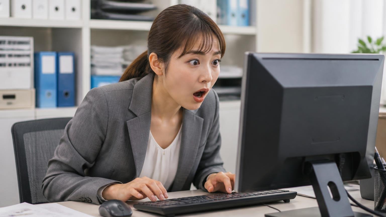その不具合はリコールに該当していないか 事務所のパソコンで車台番号を入力する 30代女性が画面を見て驚く