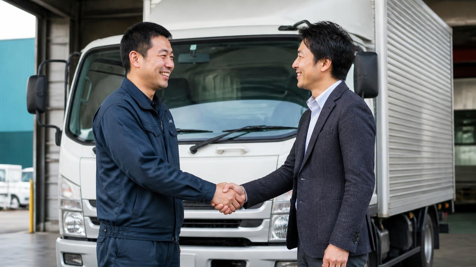 向いている人。金沢の車庫で4tトラックの前に立ち店の担当者と握手する事業者の男性2人が笑顔