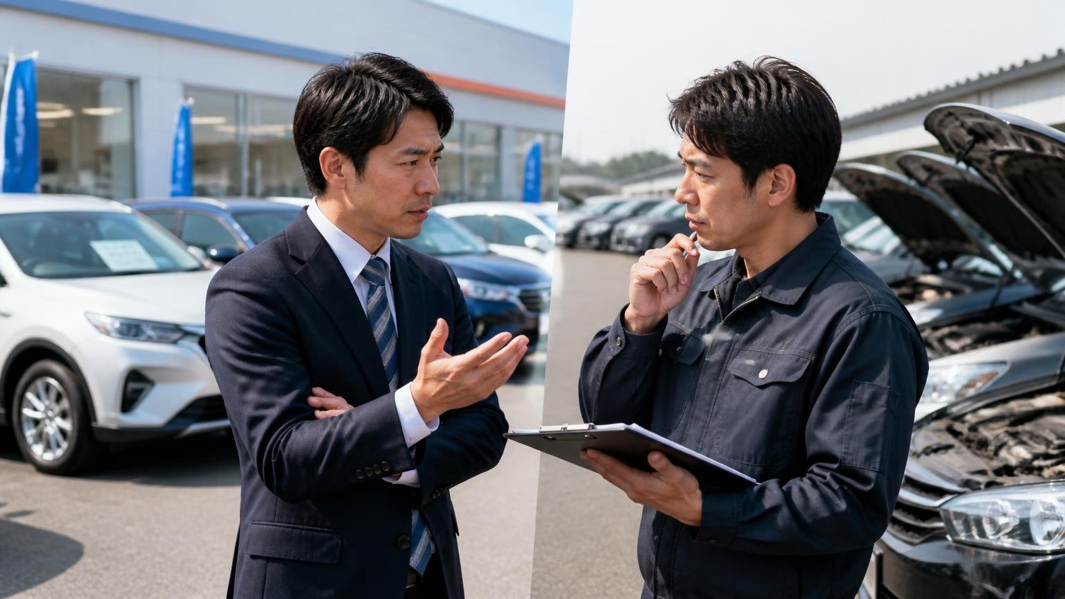 販売に強い会社と高く買う会社は役割が違う／展示場と査定現場を見比べる屋外／男性2人／真剣な表情で議論