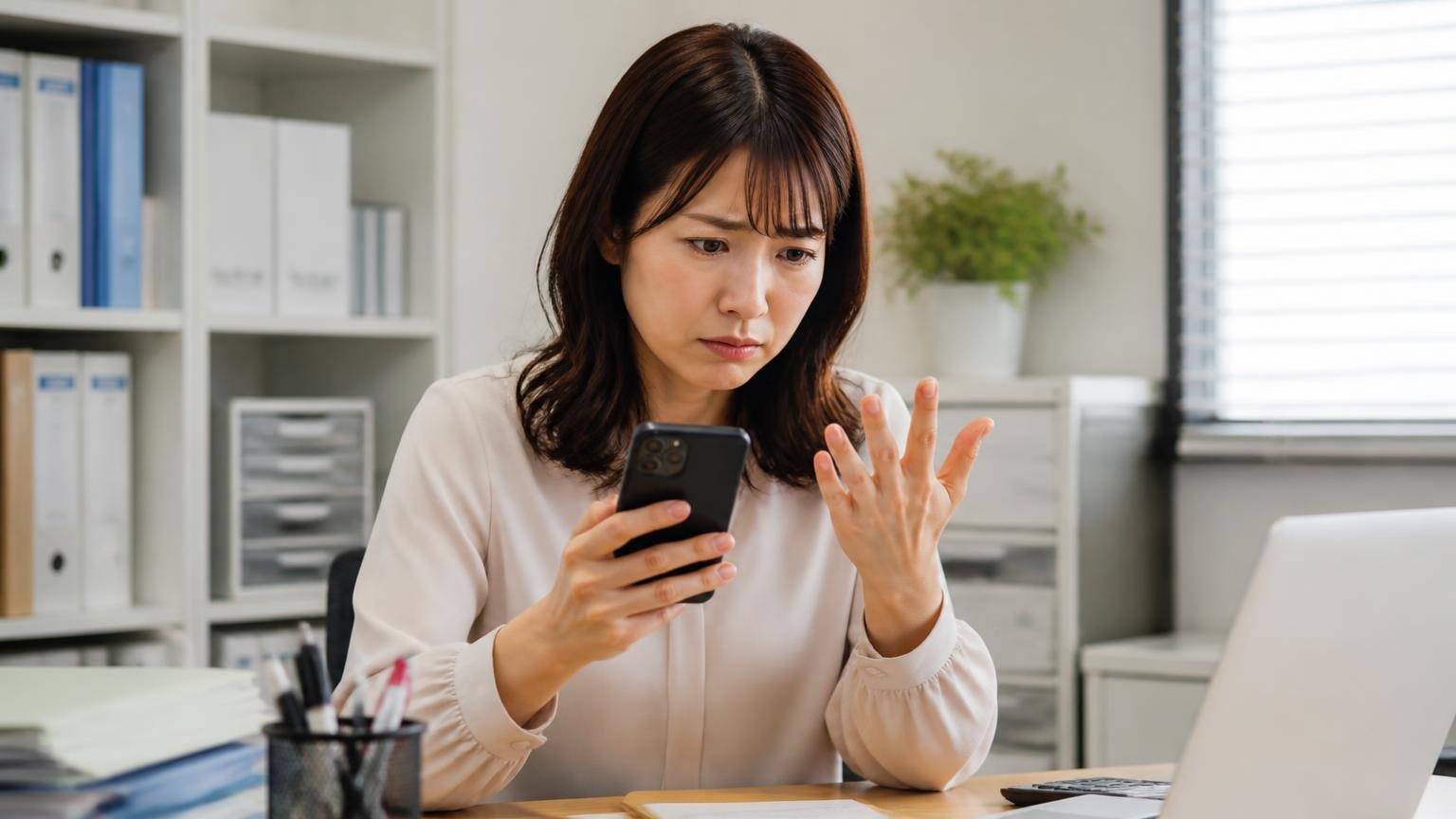 何社に情報が渡る設計か。事務所の机でスマホの着信履歴を数える30代女性1人が、指を折って確認する