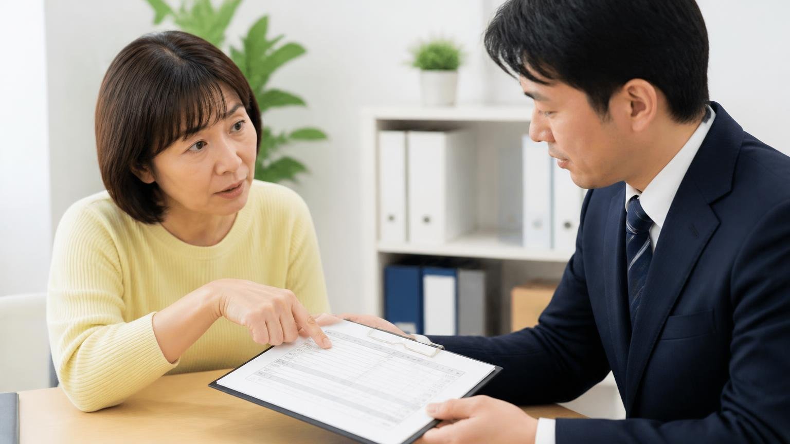 査定料や出張費は誰が持つのか。事務所で見積書の内訳を指さして質問する女性1人と男性1人