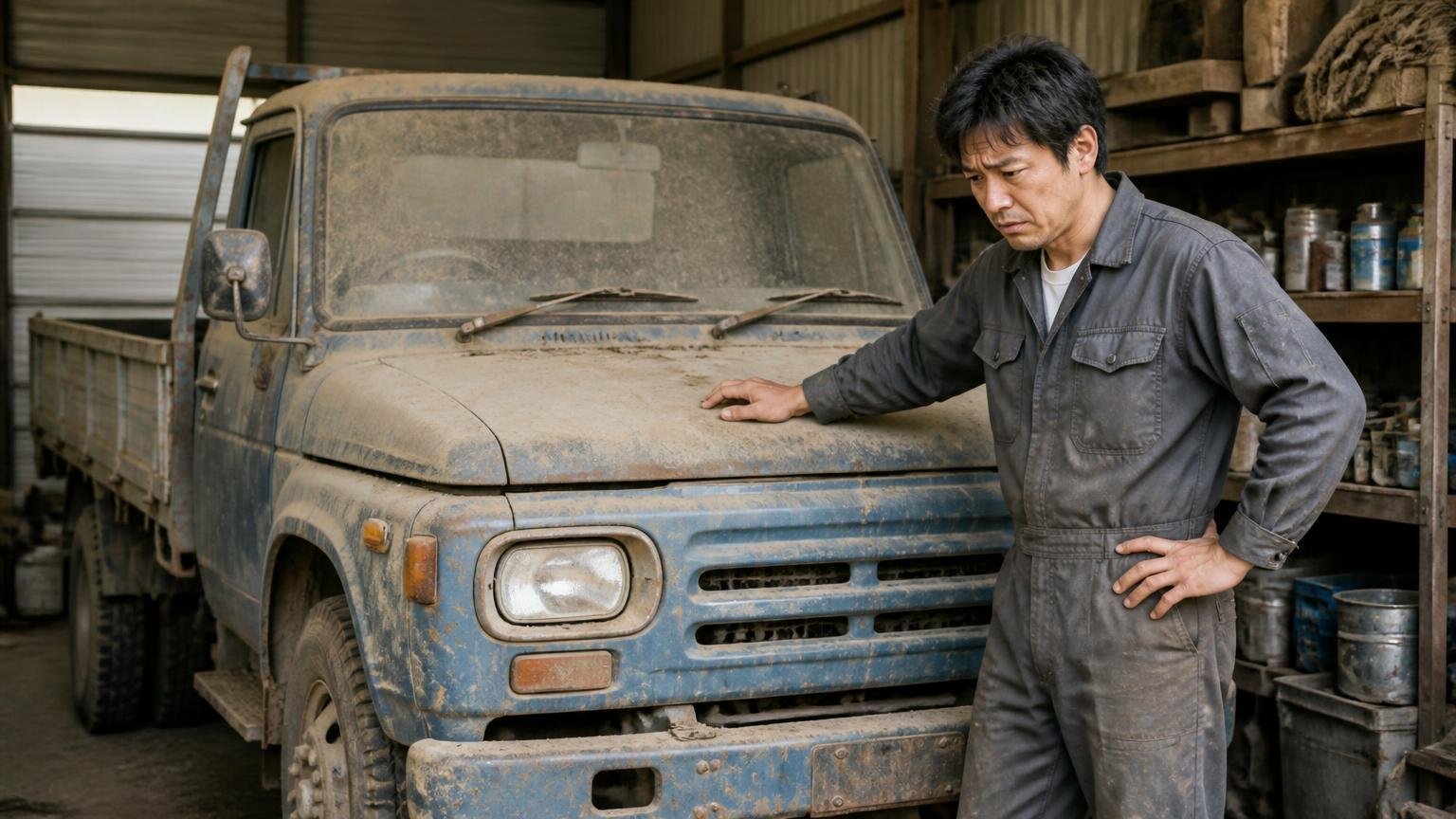 車庫の隅で埃をかぶった古いトラックの前。作業着の男性1人がボンネットに手を置き困った表情