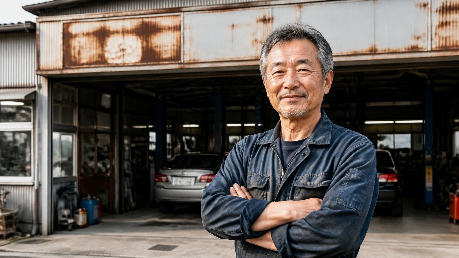 創業50年の意味。古い看板の残る整備工場の前に立つ年配の男性1人が腕を組んで穏やかに微笑む