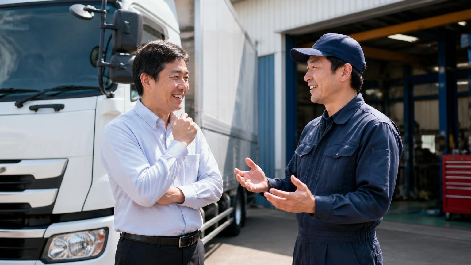 向いている人|整備込みで相談したい人、書類を丸ごと任せたい人 整備工場の前でトラックを挟んで担当者と話す男性2人 納得した表情