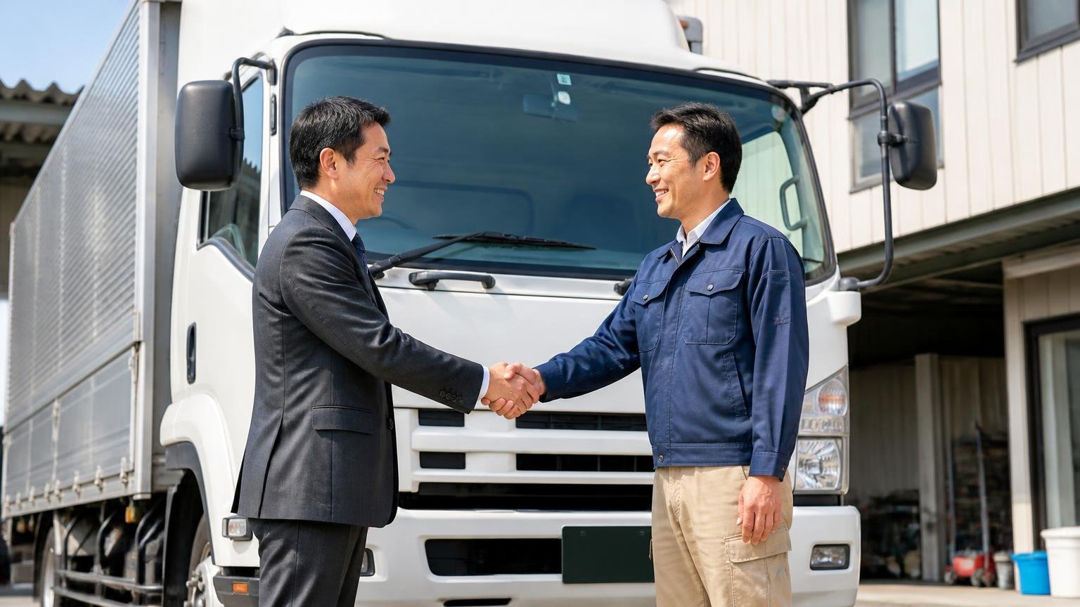 査定料も出張費も無料で断っても費用なし 車庫に停めた4tトラックの前で査定士と依頼者が握手