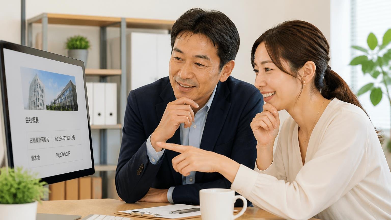 古物商許可番号や資本金が公開されている 事務所のデスクで会社概要のページを確認する男女2人が納得の表情