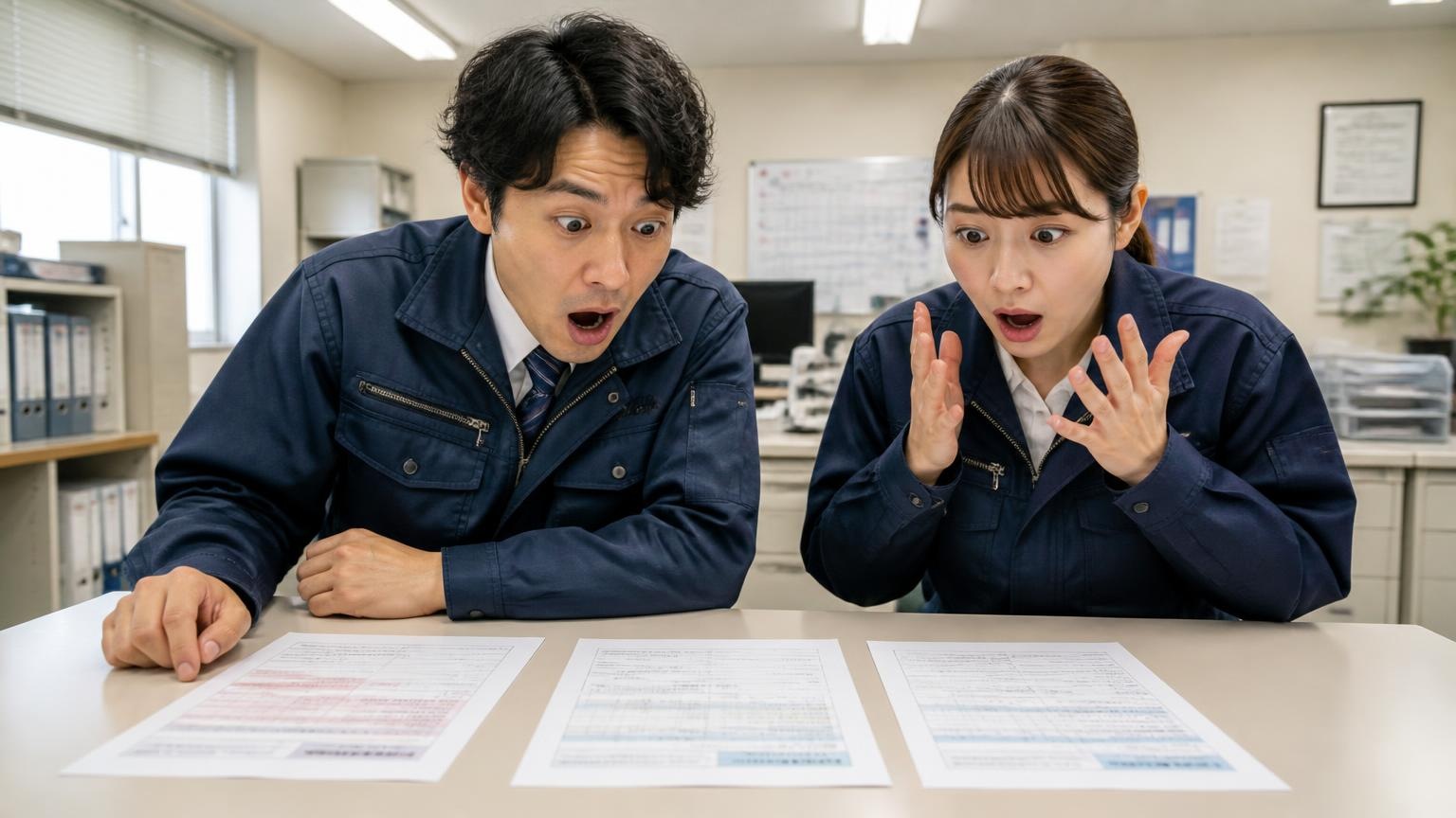 満足した人は1社に頼んでいない｜運送会社の事務所の机に査定書3枚を並べて男女2人が驚いた顔で見比べる