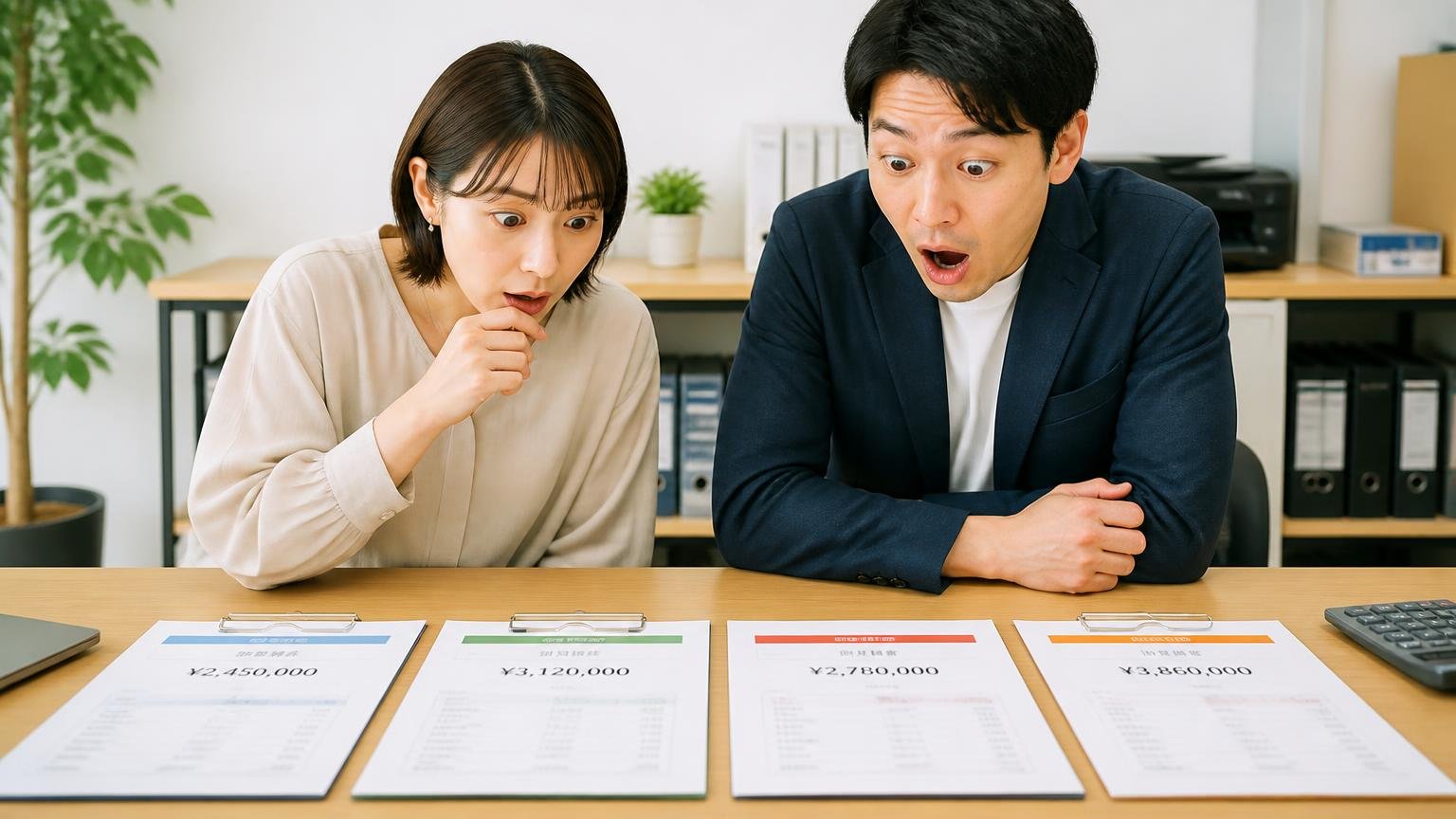 別の業者も並べて比べたほうがいい人。事務所の机に複数社の査定書を並べた女性と男性が、金額を見比べて驚いた表情をしている