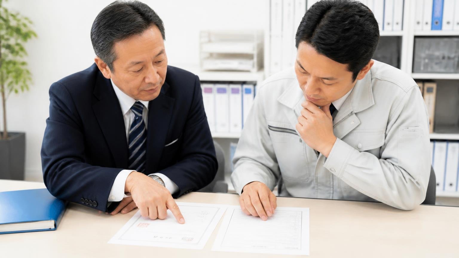 名義変更(移転登録)の流れと、必要になる書類 事務所で印鑑証明書と譲渡証明書を並べて確認する 2人 書類を指さして確認する