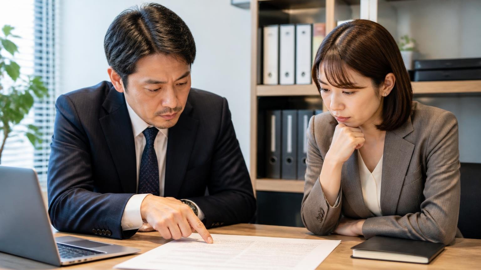 約束を守らないという声を教訓に変える読み方。事務所で契約書の項目を指さして確認する40代男性1人と30代女性1人、真剣な表情