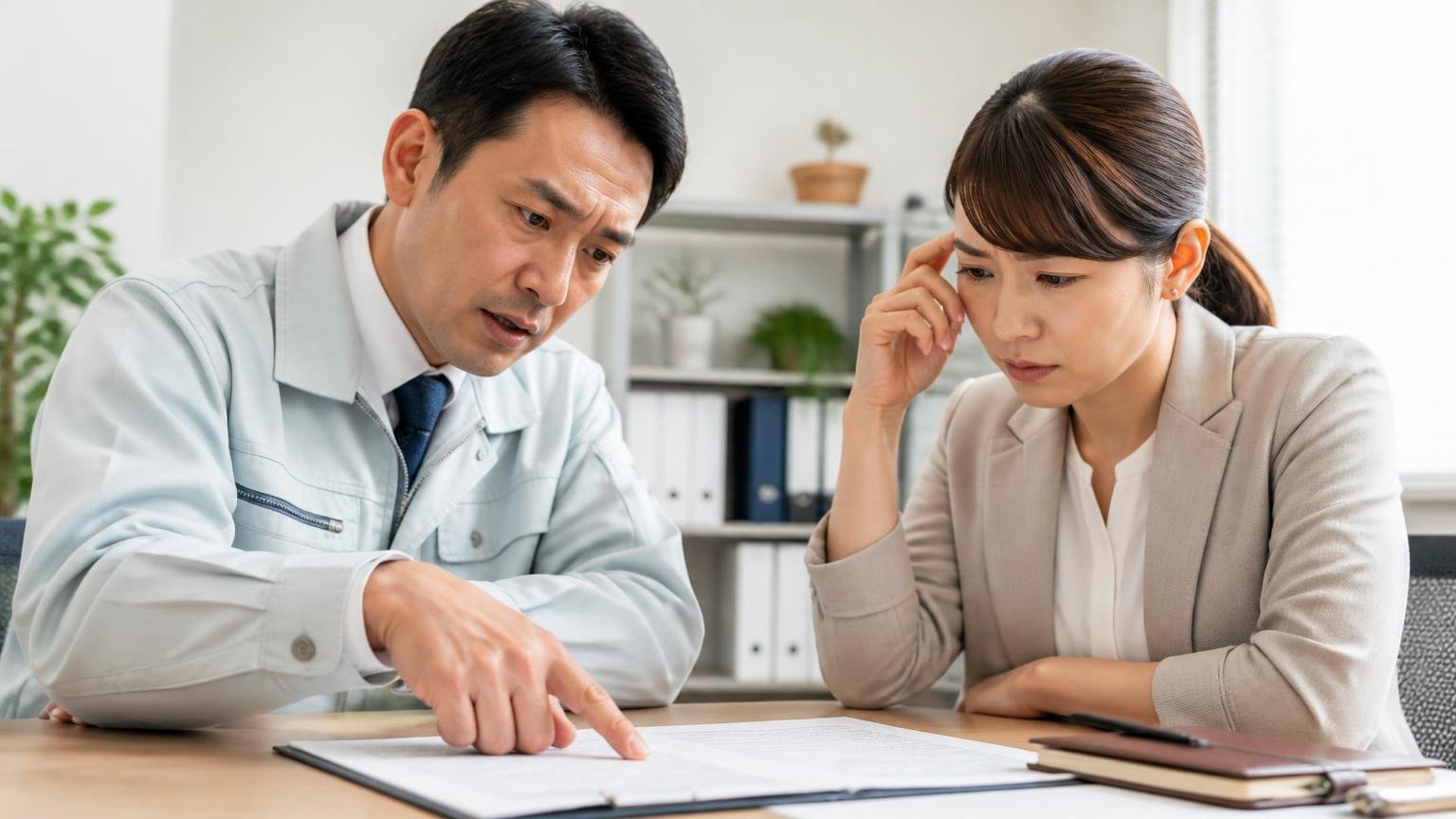 約束の修理がされていなかったという声。事務所で契約書の項目を指さして確認する40代男性1人と30代女性1人、真剣な表情