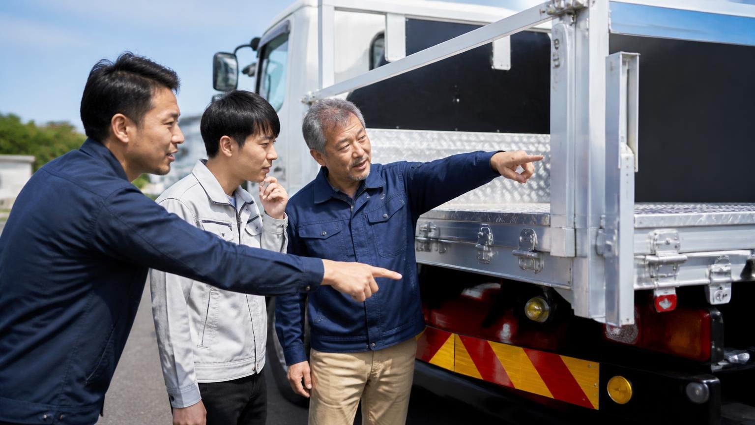 架装から逆算して車を選ぶ。トラックの荷台まわりを確認する屋外で3人が架装の状態を指差す